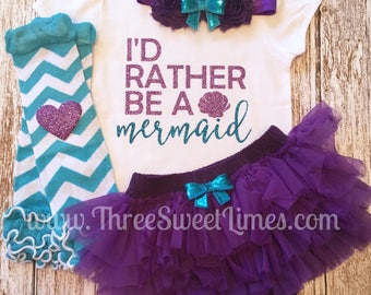 I'd Rather Be A Mermaid Birthday Outfit Glitter Bodysuit Mermaid Cake Smash Photoshoot Party Leg Warmers Headband Tutu Bloomer Teal Purple