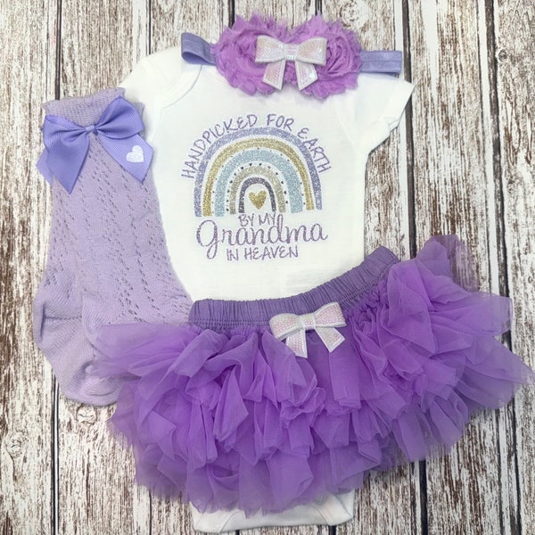 Handverlesen für Erde von meiner Oma Opa im Himmel personalisierte Baby Mädchen Outfit Lila Regenbogen nach Hause kommen Geschenk Neugeborenen Set Boho Chic