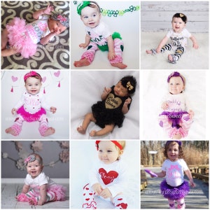 May include: Nine images of babies wearing different outfits. The outfits include a pink tutu, a white onesie with the text "I'm so good at being a big sister", a white onesie with the text "Halfway to One", a white onesie with the text "Ella", a black onesie with the text "Little Sister", a white onesie with the text "Daddy's Mommy's", a white onesie with the text "Jooy", a white onesie with the text "Mom's Little Princess", and a purple tutu.