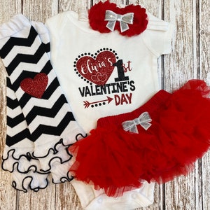 Personalized First Valentine's Day My 1st Vday Baby Girl Outfit Bodysuit Opt Chevron Leg Warmer Headband Tutu Bloomer Red Black Glitter