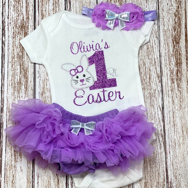 My First Easter Personalized Baby Girl Easter Outfit, Spring Baby Clothing 1st Easter Set Bunny Outfit Lavender Purple Silver Bloomers