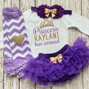 Personalized Princess Has Arrived Baby Girl Outfit Coming Home Outfit Purple Gold Glitter Bodysuit Opt Tutu Bloomer Set Headband Warmer