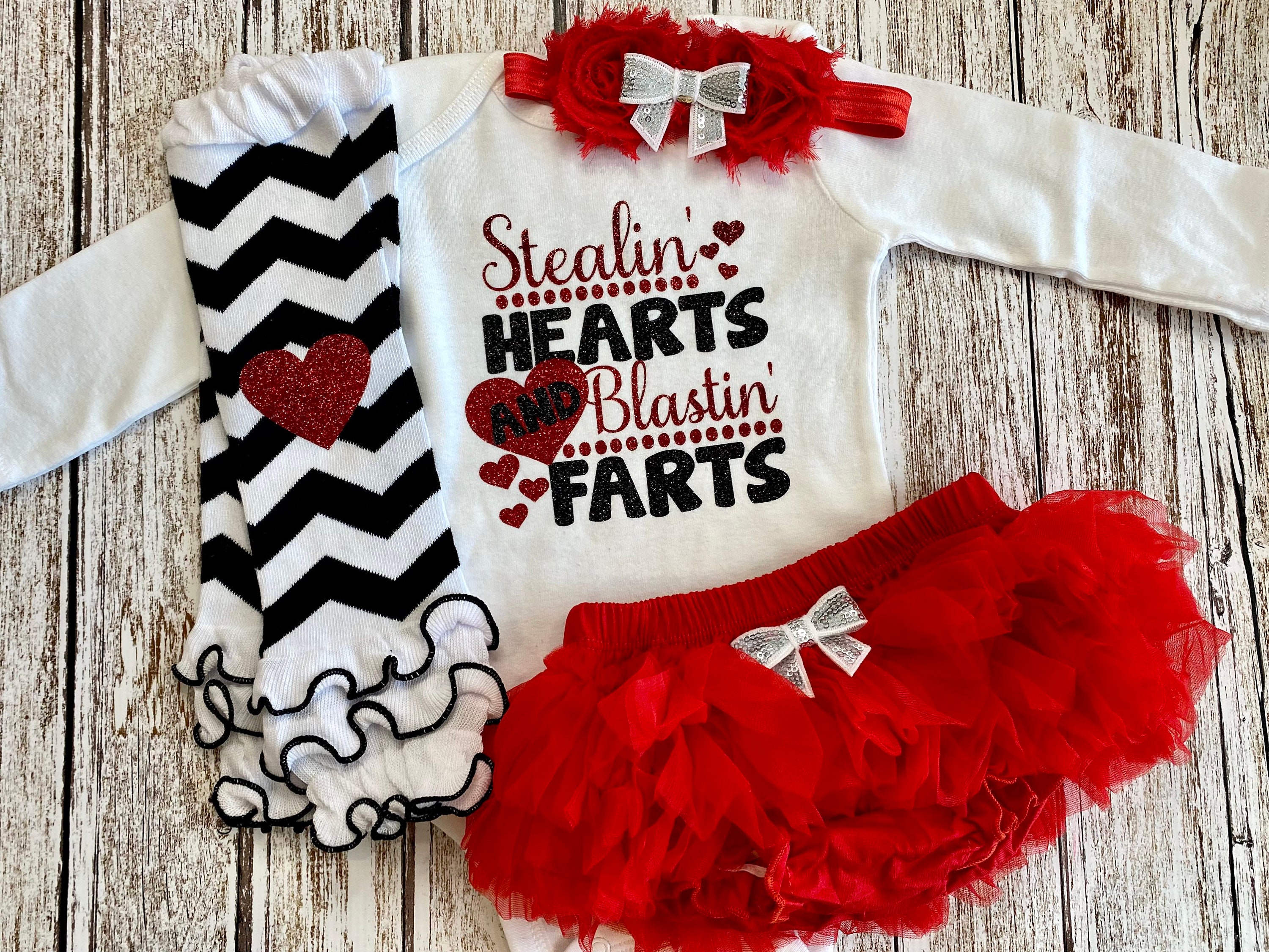 Stealing' Hearts and Bustin' Farts Valentine's Day Baby Girl Outfit Stealing Hearts Busting Vday Bodysuit Shirt Heart Red Black Glitter