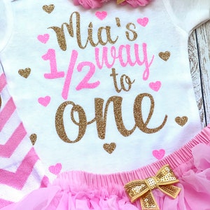 Six Month Old Halfway to One Personalized Outfit Baby Girl Half Birthday Pink Gold Glitter Bodysuit Opt Tutu Bloomer Set Headband Warmers image 4