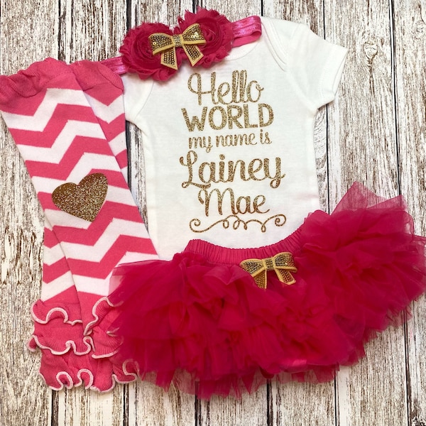 Hello World my name is Personalized Take Home Outfit | Baby Girl Coming Home Outfit | Newborn Dark Pink and Gold