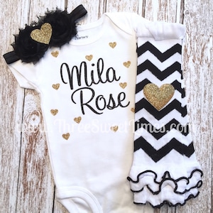 Personalized Baby Girl Outfit | Newborn Take Home Set Bodysuit Opt Leg Warmer Headband | New Baby Shower Gift | Black And Gold |