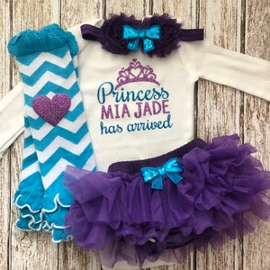 Baby Girl Coming Home Outfit | The Princess Has Arrived Personalized | Baby Girl Outfit | Opt Leg Warmers Bow Set | Purple and Teal Glitter