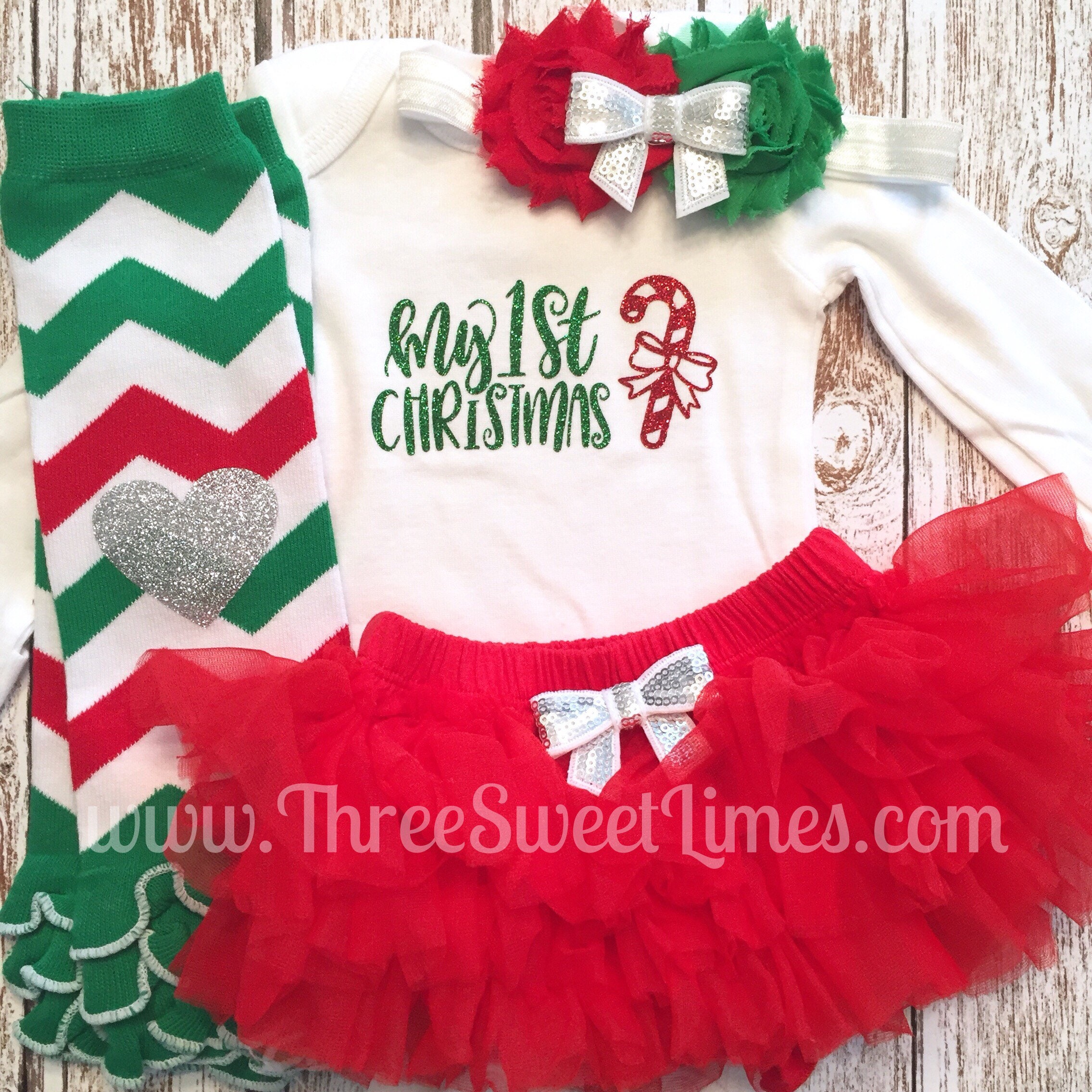 First Christmas Outfit Girl Baby Girl My 1st Christmas Baby's First Christmas Opt Leg Warmers Headband Tutu Bloomer Red Green