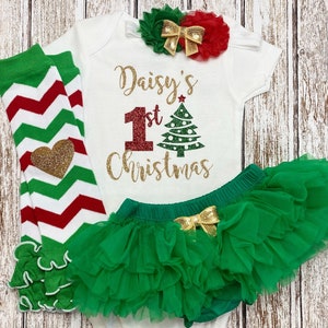 My 1st Christmas Baby Girl Christmas Outfit, Personalized Infant Christmas Clothes, Xmas Newborn Coming Home, Green Gold Tutu Bloomers