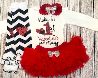 Personalized First Valentine's Day Baby Girl Outfit Vday Bodysuit Opt Heart Leg Warmer Headband Tutu Bloomer Red Black Glitter