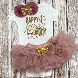 Baby Girl First Father’s Day Outfit | Happy First Father&#39;s Day Daddy | Daddy&#39;s Girl Bodysuit | Rose Gold Glitter 1st Daddy&#39;s Day