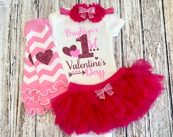 First Valentine's Day Baby Girl Outfit Personalized Outfit Hearts Bodysuit Opt Leg Warmer Headband Tutu Bloomer Light Bright Pink