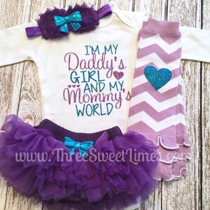 Daddy&#39;s Girl and my Mommy&#39;s World Newborn Outfit Baby Girl Clothes Purple Teal Glitter Set New Daddy Gift Father&#39;s Day Gift Set Toddler Girl