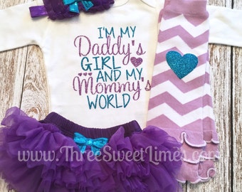 Daddy's Girl and my Mommy's World Newborn Outfit Baby Girl Clothes Purple Teal Glitter Set New Daddy Gift Father's Day Gift Set Toddler Girl