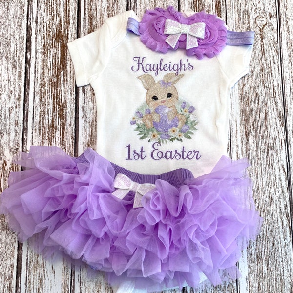 My First Easter Baby Girl Outfit Personalized 1st Easter Outfit Lavender Spring Bunny Baby Bodysuit Purple Glitter Opt Tutu Bloomer Headband