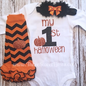 My First Halloween Baby My 1st Boo Personalized Baby girl clothes Opt Leg Warmer Outfit Headband Tutu Bloomers Orange Black Chevron Glitter