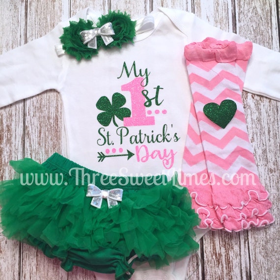 My First St. Patrick's Outfit Day Baby Girl Outfit Personalized Saint Patrick Bodysuit Pink and Green Clover Lucky Lady Lass Glitter