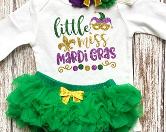 Baby Girl Mardi Gras Outfit 1st Little Miss Mardi Gras Gift Bodysuit Toddler Shirt GreenYellow Purple Glitter Set Opt Tutu Bloomers Headband