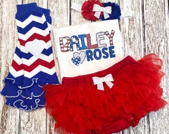 Personalized 4th of July Baby Girl Bodysuit  | Custom Toddler Shirt Newborn Outfit Tutu Bloomers  | First Fourth 1st | Independence Day
