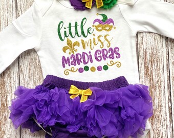 Little Miss Mardi Gras Outfit Mardi Gras Gift Newborn Bodysuit Toddler Shirt GreenYellow Purple Glitter Set Opt Tutu Bloomers Headband