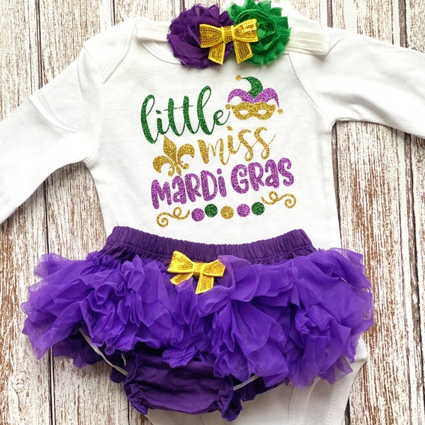 Little Miss Mardi Gras Outfit Mardi Gras Gift Newborn Bodysuit Toddler Shirt GreenYellow Purple Glitter Set Opt Tutu Bloomers Headband
