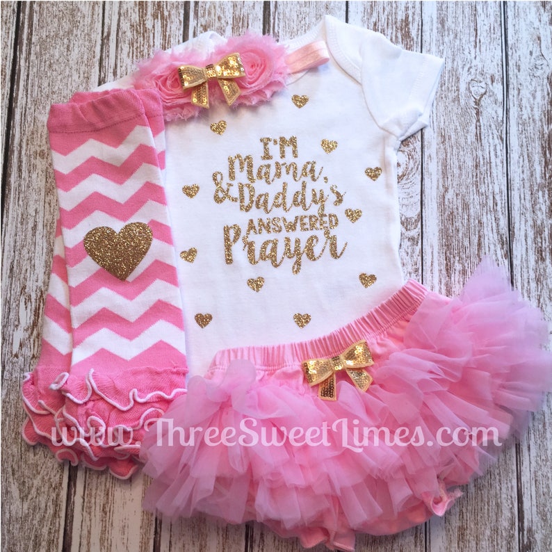 Adoption Day Outfit Take Home Outfit I/'m Mama and Daddy/'s Answered Prayer Baby Girl Clothes Pink and Gold Baby Clothes Tutu