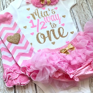 Six Month Old Halfway to One Personalized Outfit Baby Girl Half Birthday Pink Gold Glitter Bodysuit Opt Tutu Bloomer Set Headband Warmers image 2