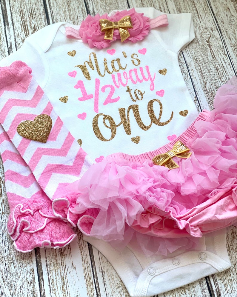 Six Month Old Halfway to One Personalized Outfit Baby Girl Half Birthday Pink Gold Glitter Bodysuit Opt Tutu Bloomer Set Headband Warmers image 2