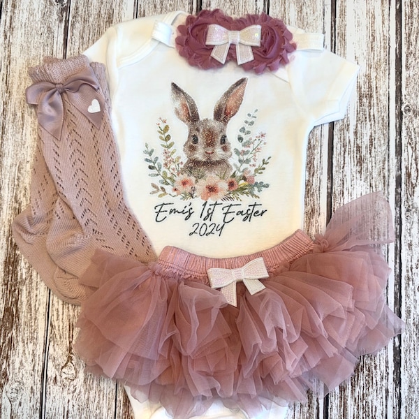 My First Easter Baby Girl Outfit Personalized Floral Easter, Spring Bunny Baby Bodysuit 1st Easter Set Outfit Opt Tutu Bloomer Headband