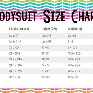 May include: A chart showing bodysuit sizes for babies and toddlers. The chart includes size, height in inches and centimeters, and weight in pounds and kilograms.