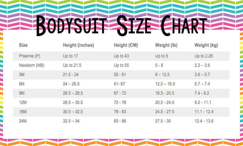 May include: A chart showing bodysuit sizes for babies and toddlers. The chart includes size, height in inches and centimeters, and weight in pounds and kilograms.