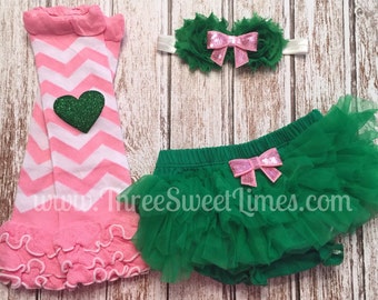 Bloomer tutu de la Saint-Patrick | Couvre-couche en dentelle à volants | Bandeau bébé fille | Tenue photo nouveau-né | Nouveau cadeau de baby shower | Rose Vert