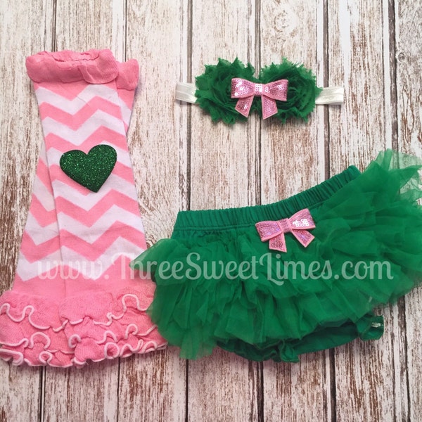 St. Patrick's Day Tutu Bloomers | Ruffle Lace Diaper Cover | Baby Girl Headband | Newborn Photo Outfit | New Baby Shower Gift | Pink Green