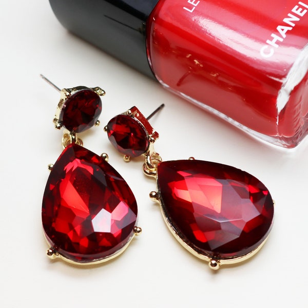 VINTAGE HOLIDAY EARRINGS by Joan Rivers ~ Ruby Red Crystal Pierced Gold Statement Earrings