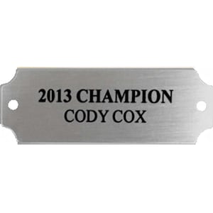 May include: A rectangular, silver-colored metal plaque with rounded edges and two holes. The text "2013 CHAMPION CODY COX" is engraved in black, centered on the plaque. The plaque is likely a trophy or award.