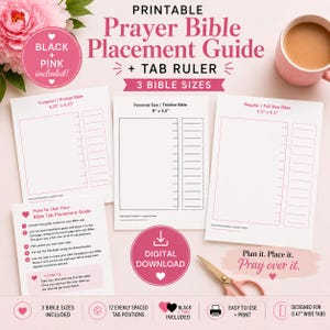Può includere: Guida stampabile per il posizionamento delle linguette della Bibbia con righello, in tre formati: Bibbia tascabile 15,88 cm x 10,8 cm, Bibbia personale 20,32 cm x 13,97 cm e Bibbia standard 24,13 cm x 16,51 cm. Include istruzioni e download.