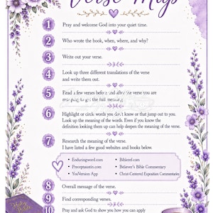 May include: A decorative purple and white guide titled "How to Verse Map" with floral accents. The guide provides steps for studying scripture, including prayer, verse analysis, and website resources. A Bible and coffee cup are also shown.