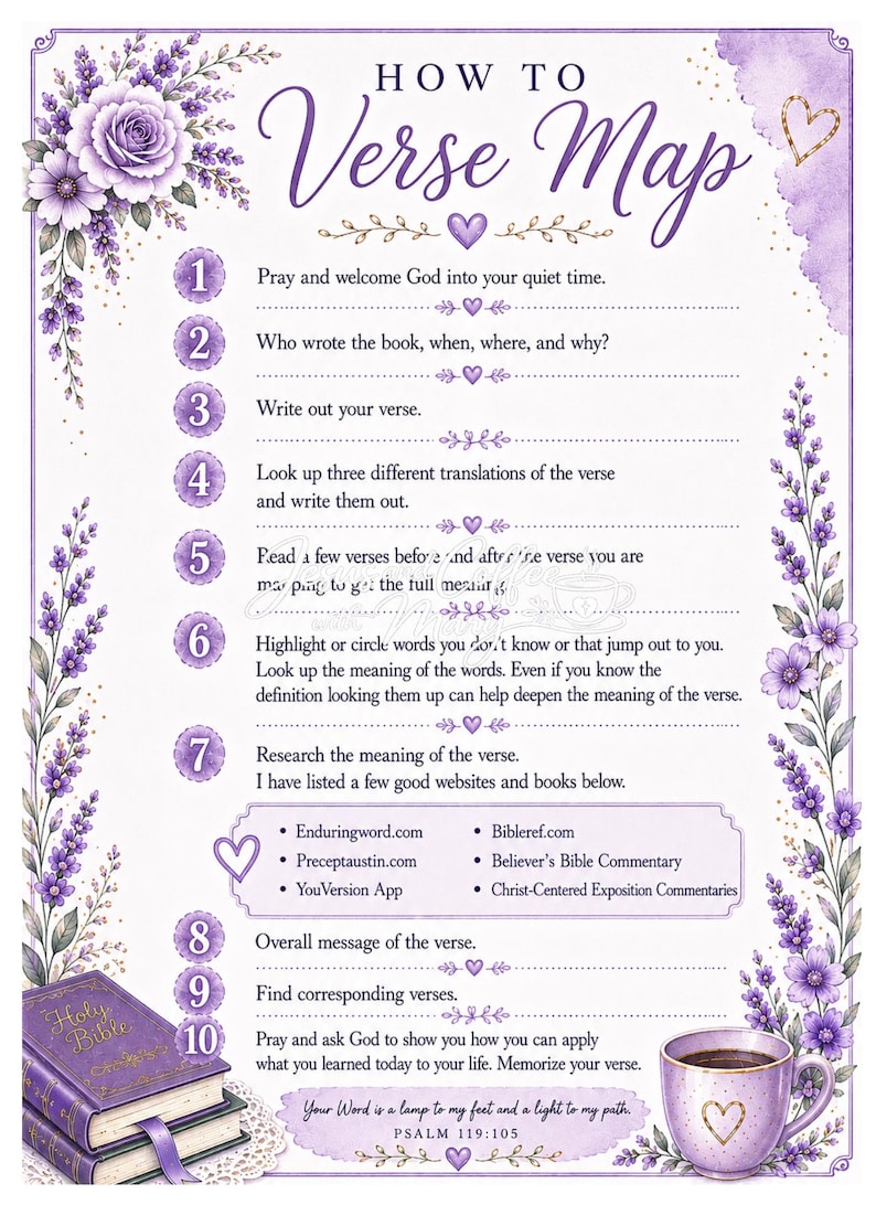 May include: A decorative purple and white guide titled "How to Verse Map" with floral accents. The guide provides steps for studying scripture, including prayer, verse analysis, and website resources. A Bible and coffee cup are also shown.
