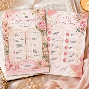 May include: Two decorative prints of the Ten Commandments, featuring floral and geometric designs in pink and white. The text is in a decorative font, with each commandment numbered and illustrated with small icons. The prints are surrounded by flowers.