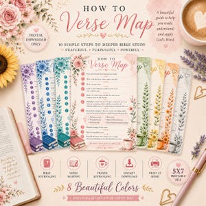 Pode incluir: Uma coleção de guias de estudo bíblico coloridos intitulados "How to Verse Map" com detalhes florais. Os guias oferecem 10 passos para um estudo bíblico mais profundo, com o texto "Somente download digital" e "8 cores bonitas". Uma xícara de café e uma caneta também são visíveis.
