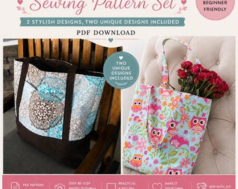 Tote Bag Sewing Pattern Bundle | 2 Stylish Designs, Two Unique Designs Included (PDF Download)