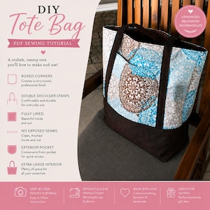May include: A DIY tote bag with a floral patchwork design in shades of blue, brown, and white. The bag has double shoulder straps and an exterior pocket. The image includes text that says "DIY Tote Bag PDF Sewing Tutorial".