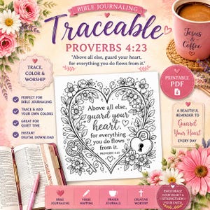 May include: A digital Bible journaling page featuring the text Proverbs 4:23, Above all else, guard your heart, for everything you do flows from it, surrounded by a heart-shaped floral outline, a key, and a heart-shaped padlock illustration.