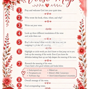 May include: A decorative poster titled "How to Verse Map" with a floral design. The poster provides a 10-step guide to understanding scripture, including prayer, verse analysis, and application. A Bible and a cup of tea are also shown.