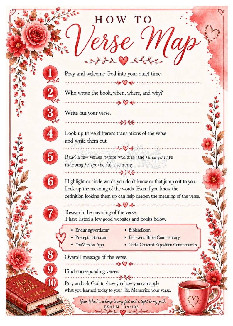 May include: A decorative poster titled "How to Verse Map" with a floral design. The poster provides a 10-step guide to understanding scripture, including prayer, verse analysis, and application. A Bible and a cup of tea are also shown.