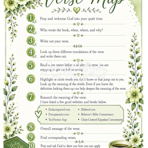 May include: A decorative green and white poster titled "How to Verse Map" with floral accents. It provides a 10-step guide to studying scripture, including websites and a Bible. A cup of coffee and a Holy Bible are also shown.