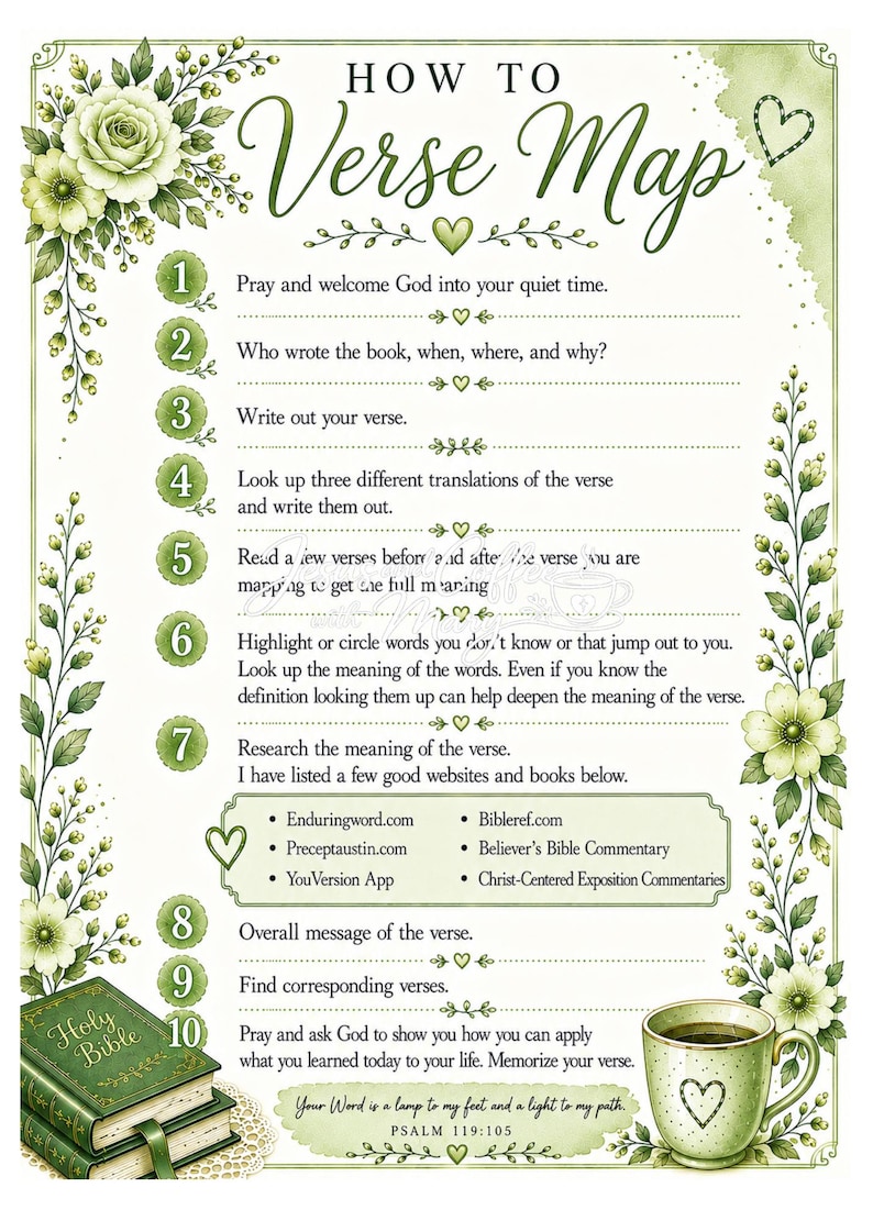 May include: A decorative green and white poster titled "How to Verse Map" with floral accents. It provides a 10-step guide to studying scripture, including websites and a Bible. A cup of coffee and a Holy Bible are also shown.