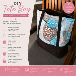 Könnte beinhalten: Eine DIY-Tragetasche mit einem floralen Patchwork-Design in Blau-, Braun- und Weißtönen. Die Tasche hat doppelte Schultergurte und eine Außentasche. Das Bild enthält den Text "DIY Tote Bag PDF Sewing Tutorial".