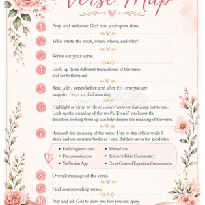 May include: A decorative guide titled "How to Verse Map" with a floral design. The guide provides steps for studying verses, including looking up translations and researching meanings. Includes a stack of books and a cup of coffee.