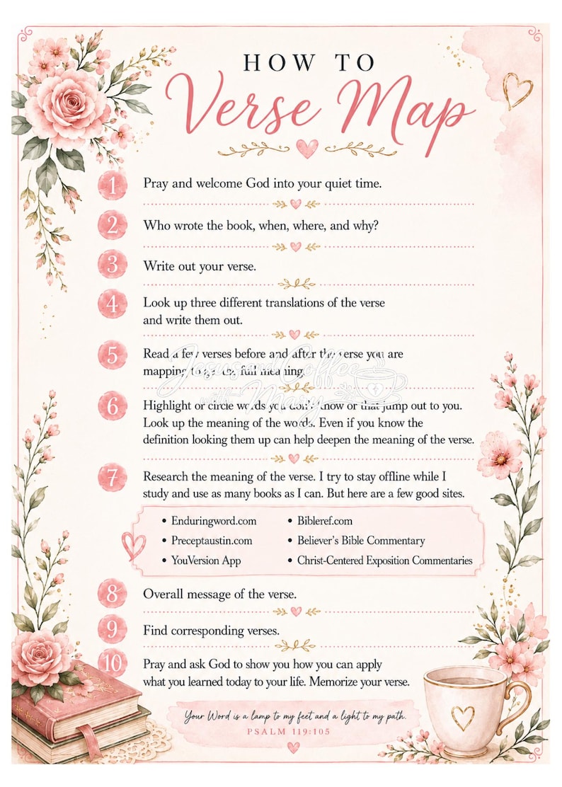 May include: A decorative guide titled "How to Verse Map" with a floral design. The guide provides steps for studying verses, including looking up translations and researching meanings. Includes a stack of books and a cup of coffee.